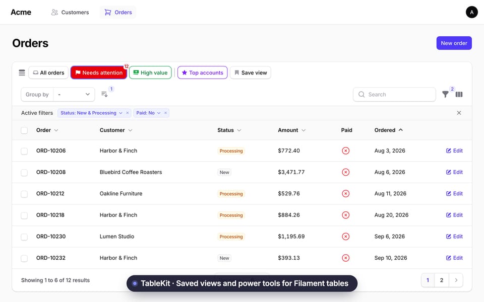 TableKit in a Filament Orders table: a favorites bar of saved views (All orders, Needs attention, High value, Top accounts, Save view) above the table, with sort, filter and search controls.